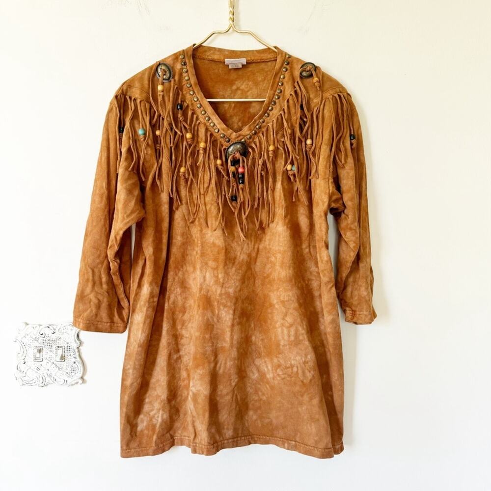 Vintage 80s Cactus Southwestern Concho Beaded Fringe Tunic T Shirt Mini Dress S